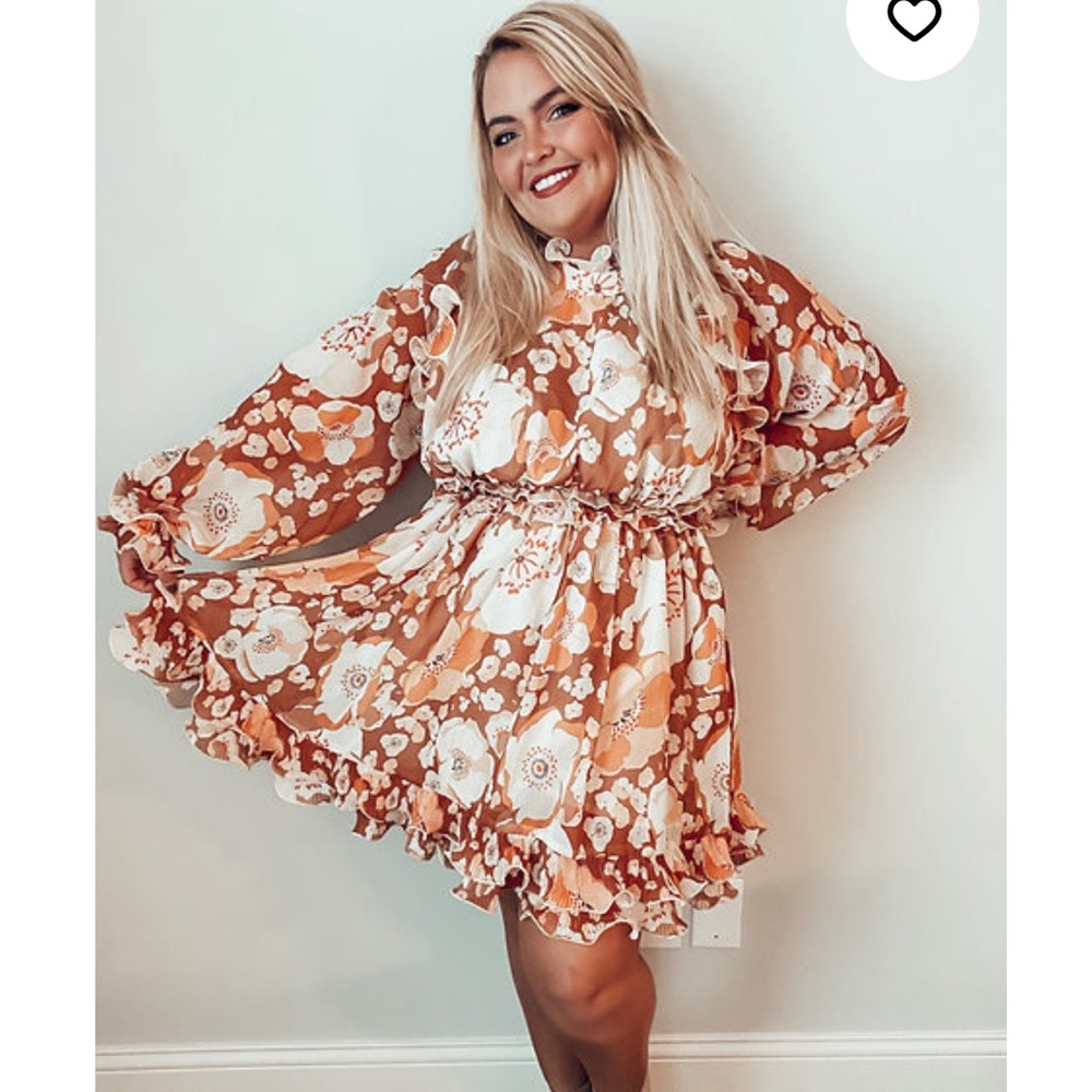 L'ATISTE Orange and White Floral Ruffled Mini Dress